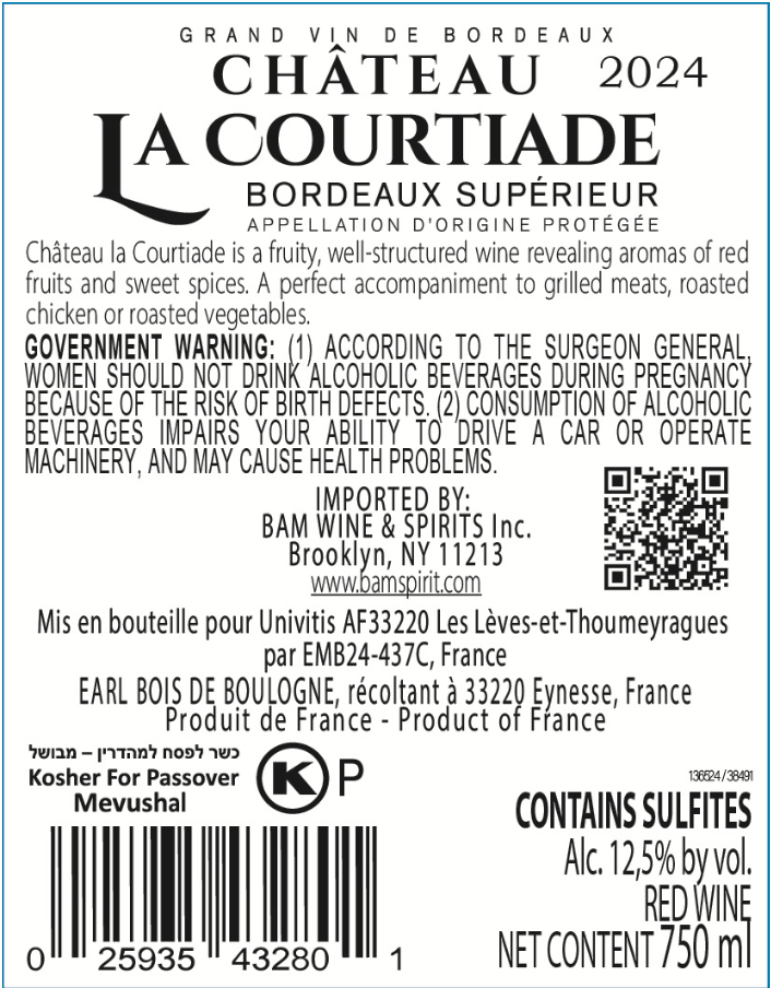 Chateau La Courtiade AOP Bordeaux Supérieur 2024