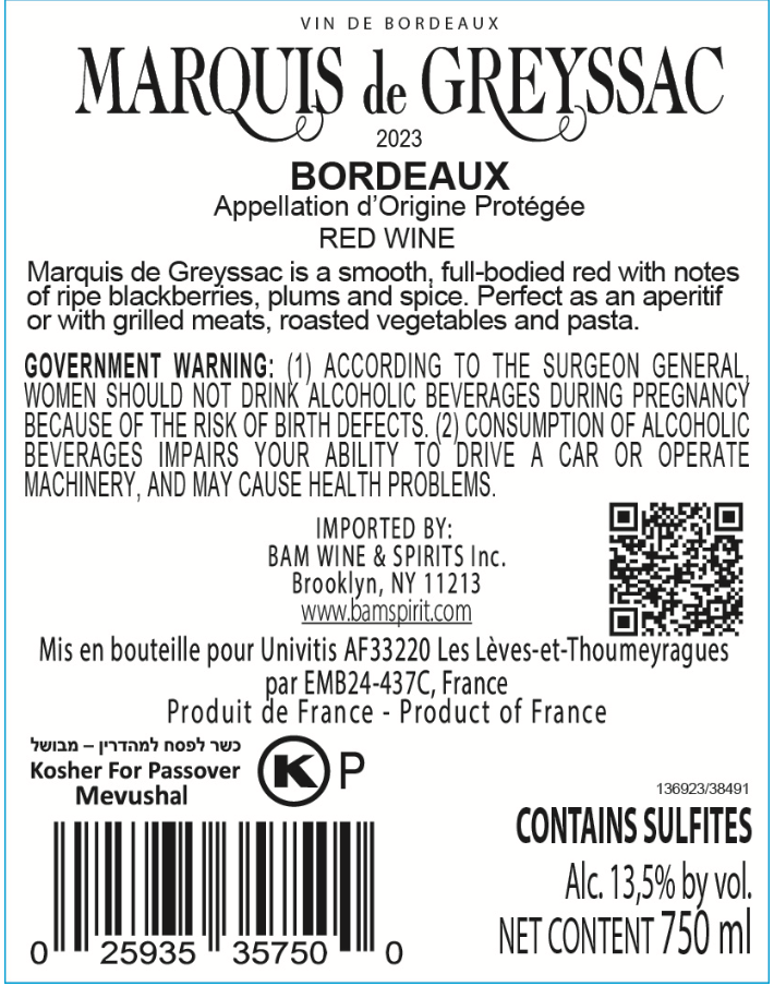 Marquis de Greyssac AOP Bordeaux Red 2023